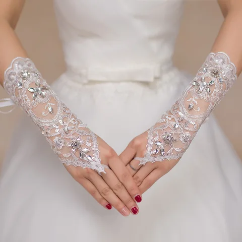 Белые перчатки без пальцев, кружевные, с бисером, свадебные аксессуары, свадебные перчатки для невесты