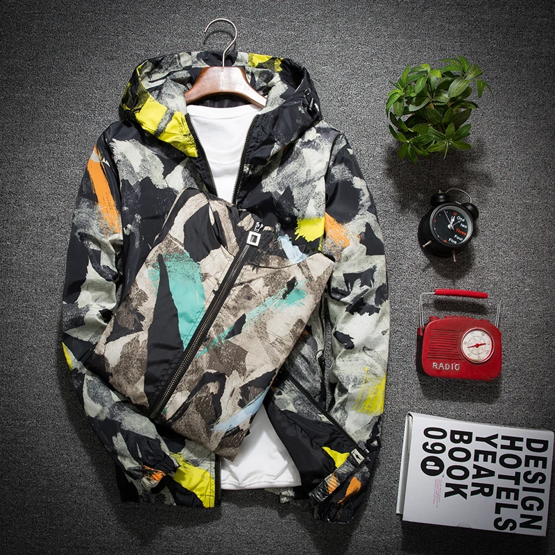 Куртка-бомбер мужская демисезонная с капюшоном и принтом | Мужская одежда