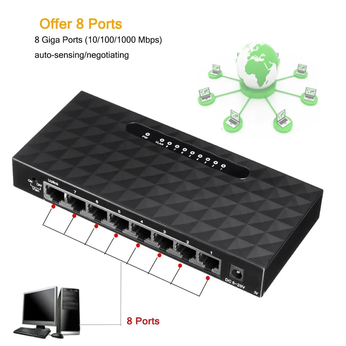 

10/100/1000Mbps 8 Port Gigabit Switch Network Ethernet Switch Smart Vlan Network Switch Lan Hub Full or Half duplex Exchange