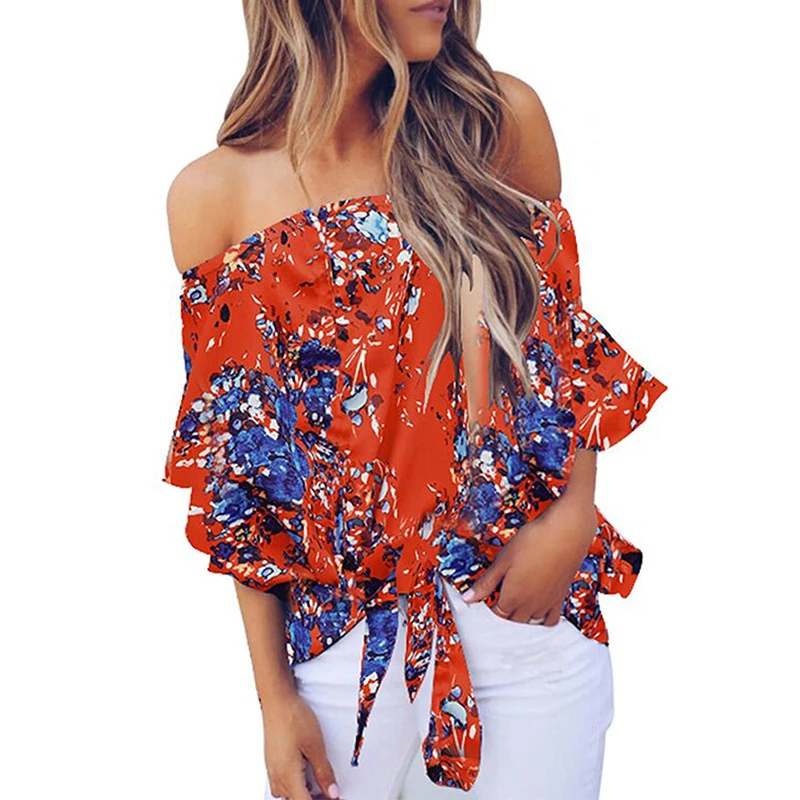 

Sexy Strapless Chiffon Print Blouse Women Flared Sleeves Summer Ladies Top Casual Sweet Fashion Female Fashion One-Shoulder