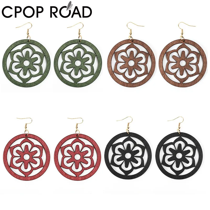 

M&G New Retro African Wooden Earrings for Women Flower Tree Wood Pendant Circle Drop Earring Fashion Ethnic Jewelry Accessories