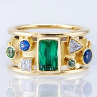 huitan fashion luxury gold color with geometric colorful cz stone novel design women wedding band rings jewelry new arrival