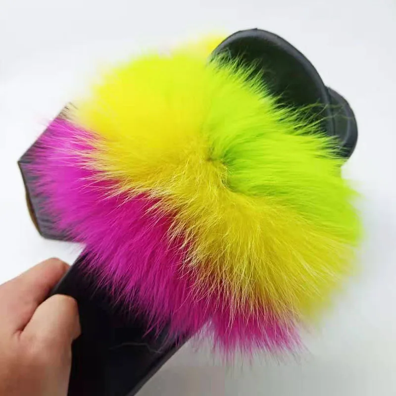 Fur Slippers Women Fox Home Fluffy Sliders Comfort With Feathers Furry Summer Flats Sweet Ladies Shoes Size 45 Home Real fox fur - Цвет: As shown