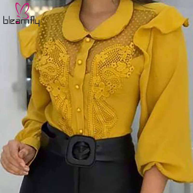 2019 летняя элегантная женская модная желтая Повседневная сетчатая рубашка с