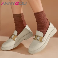 annymoli loafers shoes women natural genuine leather flat platform shoes round toe shoes metal decoration ladies footwear beige