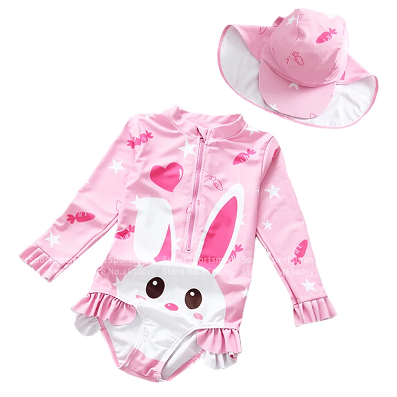 Baby Girls Anti-UV Swimwear Children Cartoon Bunny One Piece Swimsuit Kids Swim Beach Bathing Suits Toddler Swimming Clothes Set