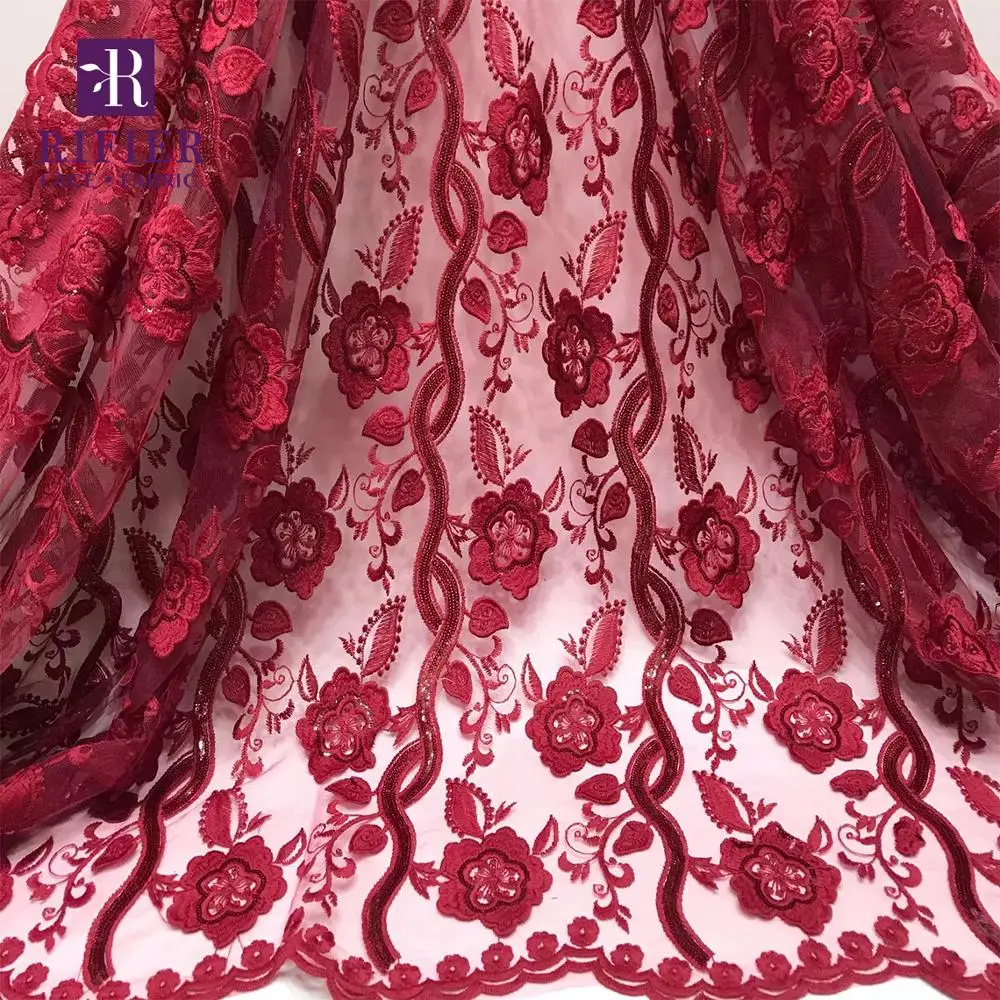 

Burgundy Sequined Embroidered Dry Lace With 3D Applique Swiss Voile Laces in Switzerland India Bride Christmas Dress Cord Laces