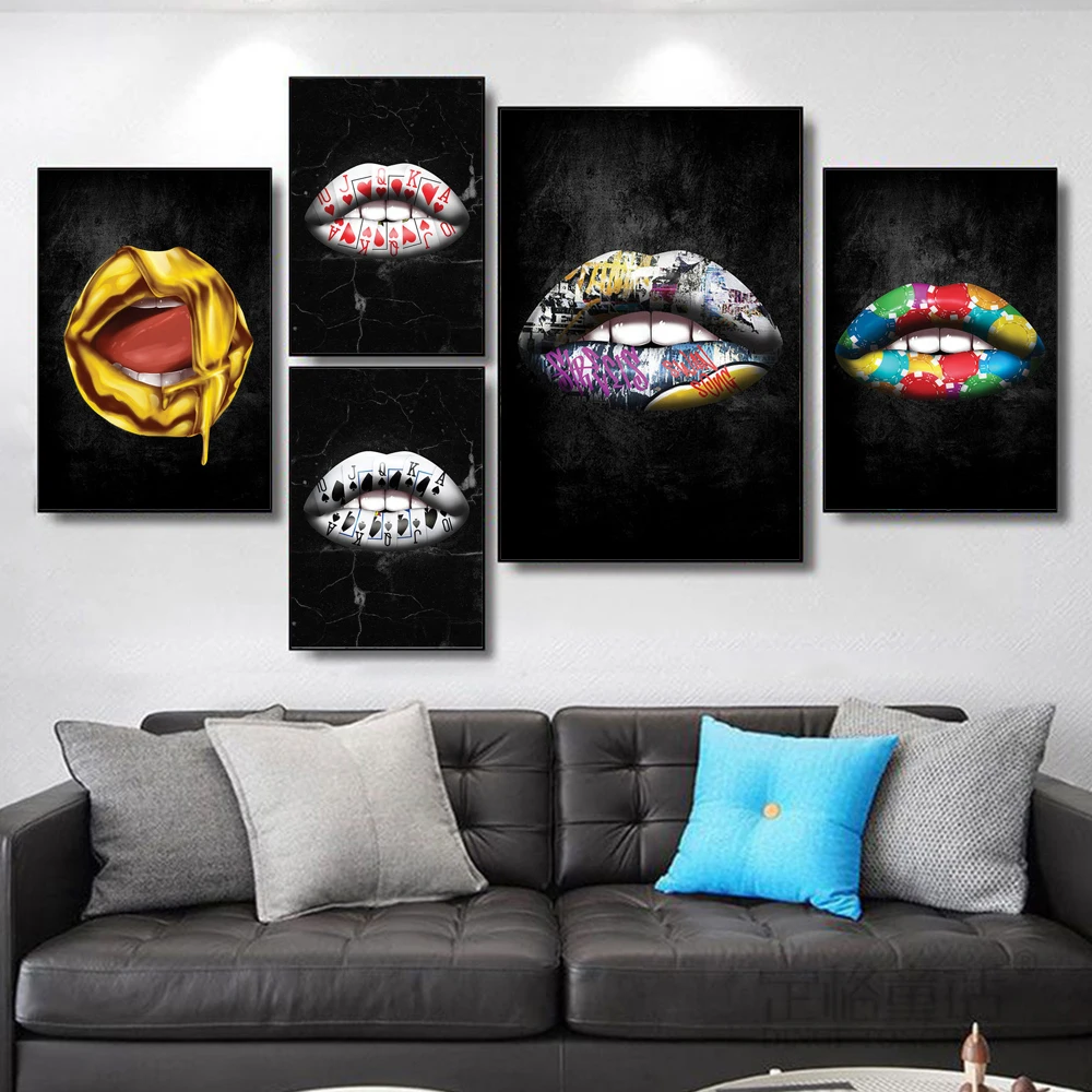 

Gold Lips Mouth Sexy Woman Wall Paintings Posters and Prints for Living Room Interior Decoration On Canvas Print Art Pictures