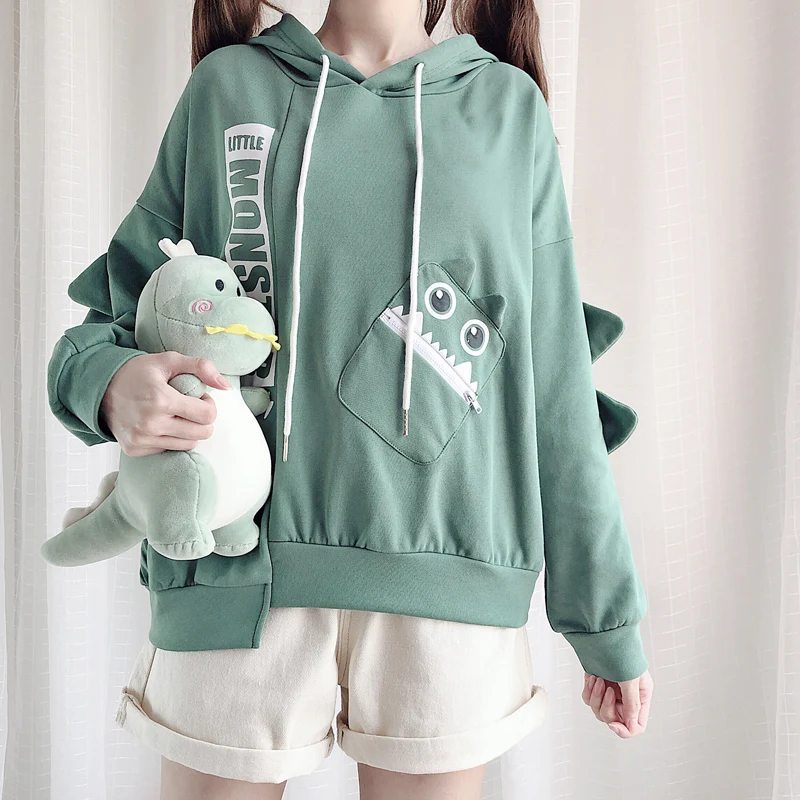 Корейский Харадзюку милые маленькие монстры шаблон с капюшоном длинным рукавом