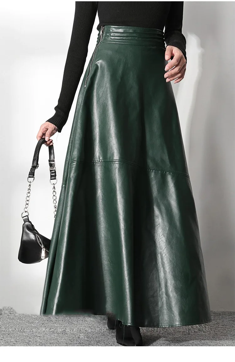 

High Waist A-line Skirts Ladies Streetwear Casual Clothes Winter Autumn Green Vintage Long Pu Leather Skirt Women Fashion