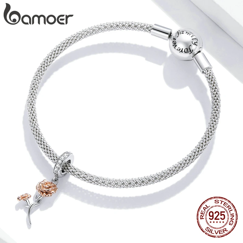 Bamoer 925 пробы серебро розовое золото Гвоздика Кулон CZ цветок Шарм для