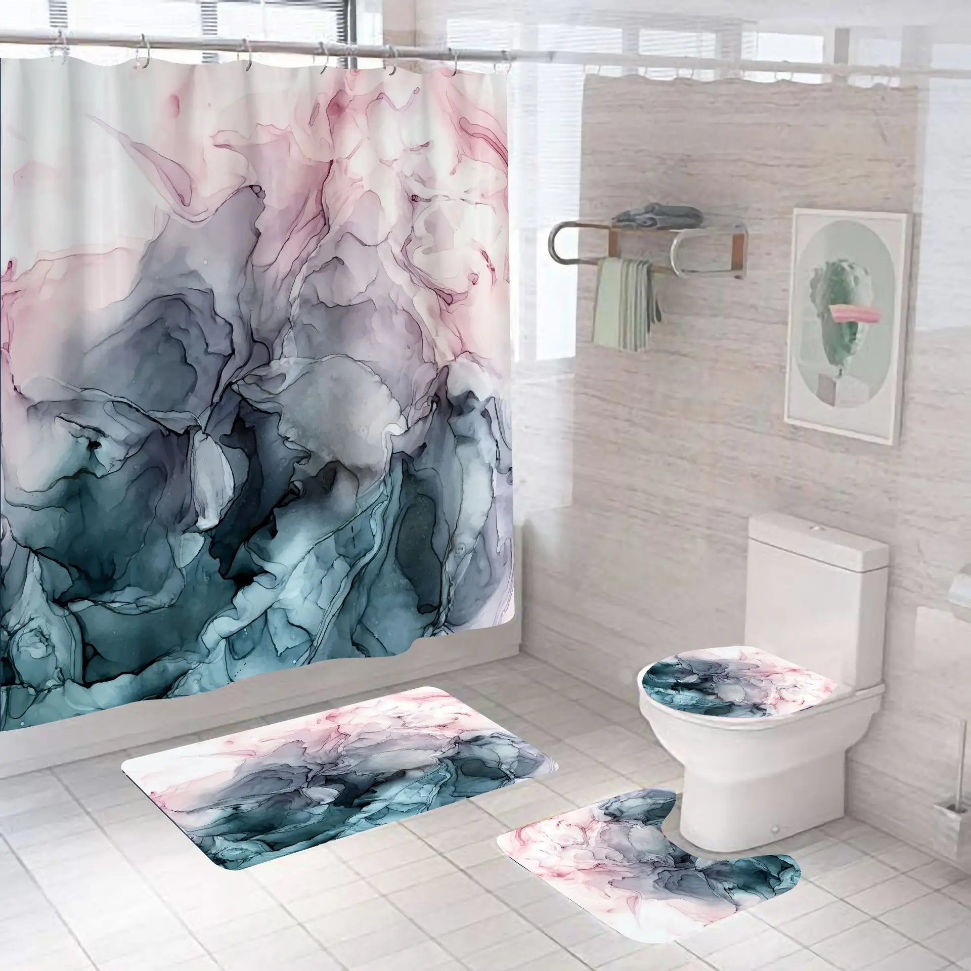 Marble Digital Printing Shower Curtain Four Piece Suit For Bathroom Machine Wash High Quality Fabric Bath Curtains Home Decor | Дом и сад