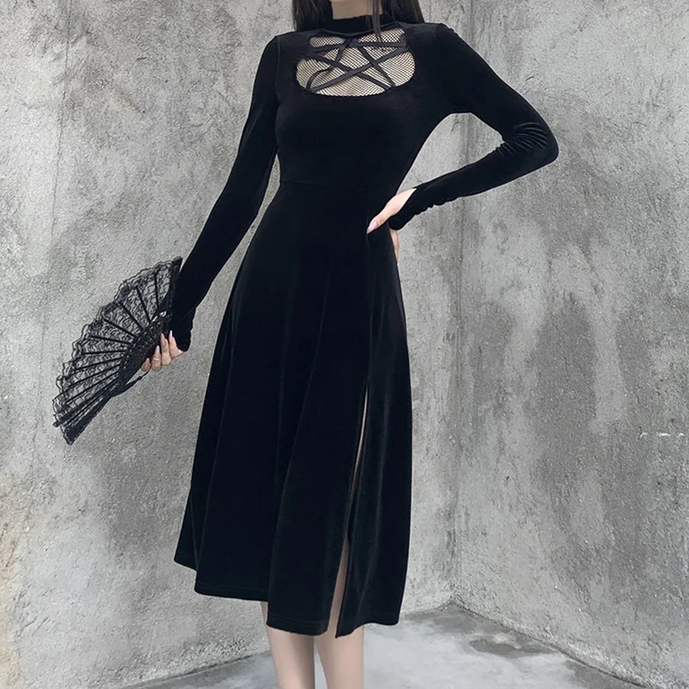 

Winter Velvet Dress Women Gothic Pentagram Mesh Design Sexy Split See Through Black Vintage A Line Midi Dresses 2021