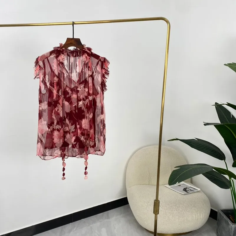 

High Quality Silk Blouses New Summer Women Fashion Burgundy Floral Print V-neck Sleeveless 2021