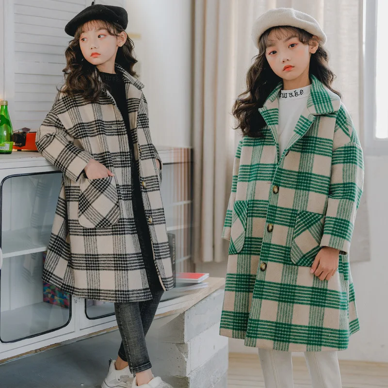 

plaid teenager girls winter thick woolen jacket long big kids England style coat spring fall children's clothing