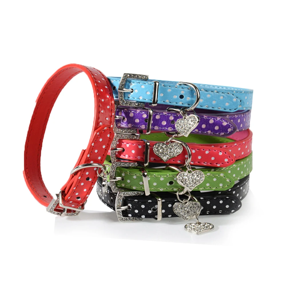 

Adjustable Cat Collar Crystal Diamond Heart Pendant Kitten Necklace Kitten Neck Strap For Small Cat Pet Supplies Shiny Leather