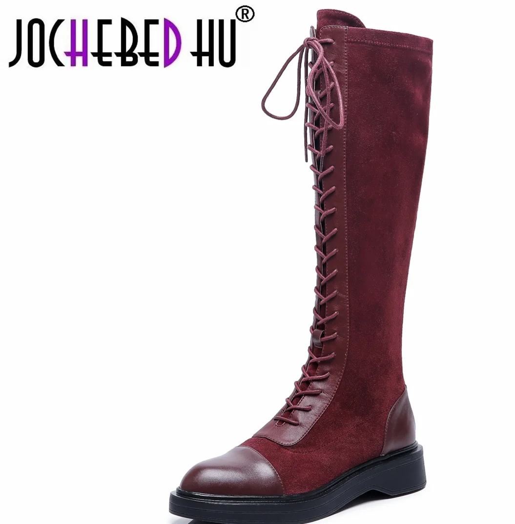 

【JOCHEBED HU】cow leather round head lace up European riding boots heels keep warm high quality stretch thigh high boots 33-40