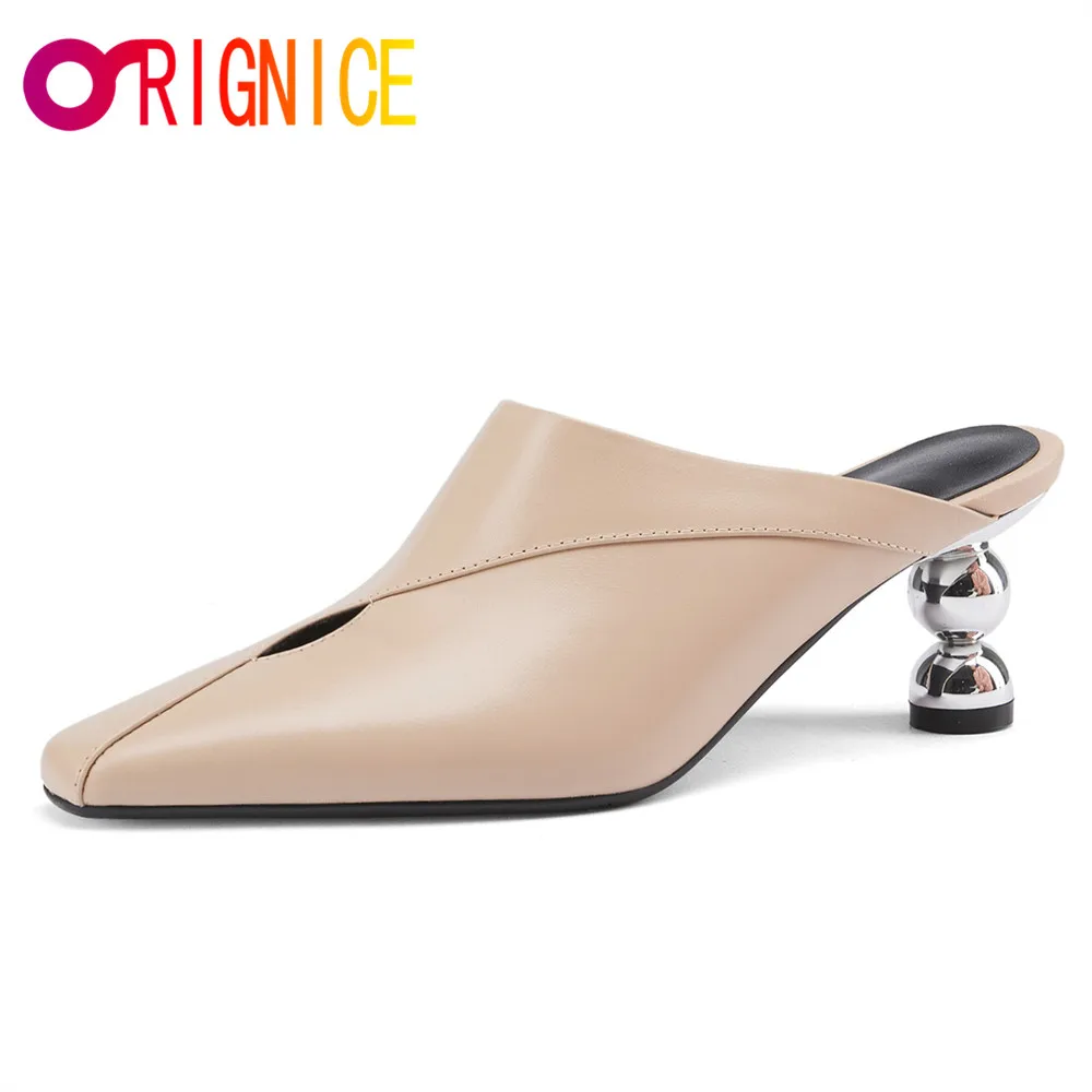

Orignice Elegant Sandals Women Novelty Strange Metal Ball Heel Mules Genuine Leather Summer Sewing Cut Out Party Dress Shoes