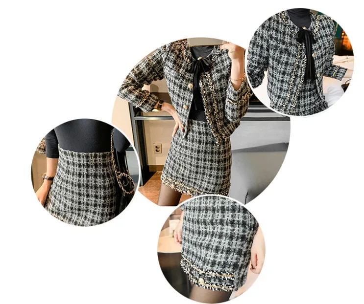 

2019 Winter Korean Vintage Plaid Woolen 2 Piece Skirt Suits Outfits Women Short Coat + Mini Skirt Suits Sets Ladies Elegant Sets