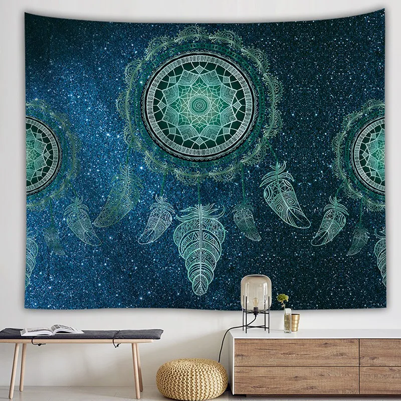 Dream Catcher Tapestry Vintage Painting with Feather Pattern Bedroom Decoration Cloth Livingroom Background Cloth-Green | Дом и сад