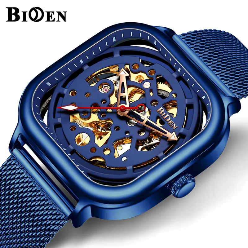royal blue BIDEN квадратные автоматические механические часы для мужчин полный черный розовое золото сетка ремешок Скелет циферблат Мужские часы лучший бренд класса люкс мужские часы - Цвет: royal blue
