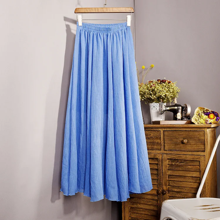 

Women's Elegant 16 Color High Waist Elastic Waist Linen Pleated Long Skirts Ladies Slim Casual Skirt Saias New 2021 Summer SK05