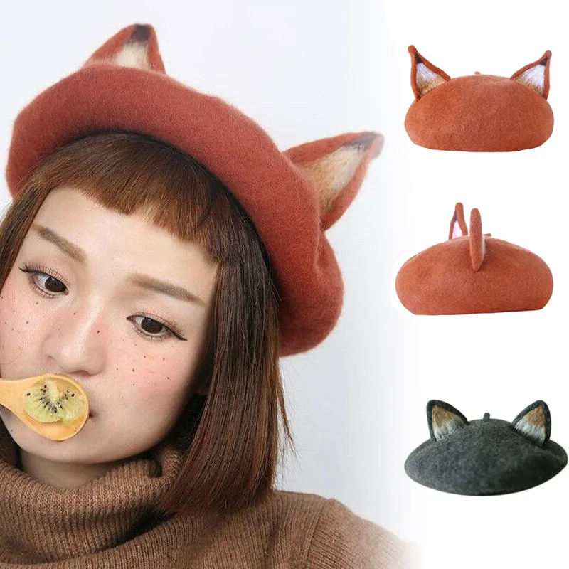 Women Cats Ear Wool Felt Beret Cap Cute Warm Painter Hat Christmas Winter IK88 | Аксессуары для одежды
