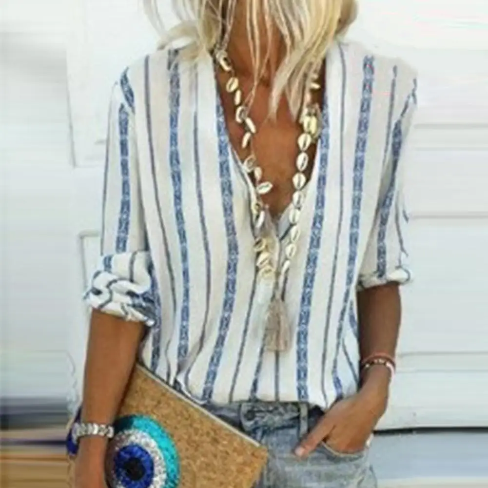 

Модная летняя Осенняя Женская Повседневная Свободная рубашка в полоску с v-образным вырезом и длинным рукавом, блузка, новые модные женские ...