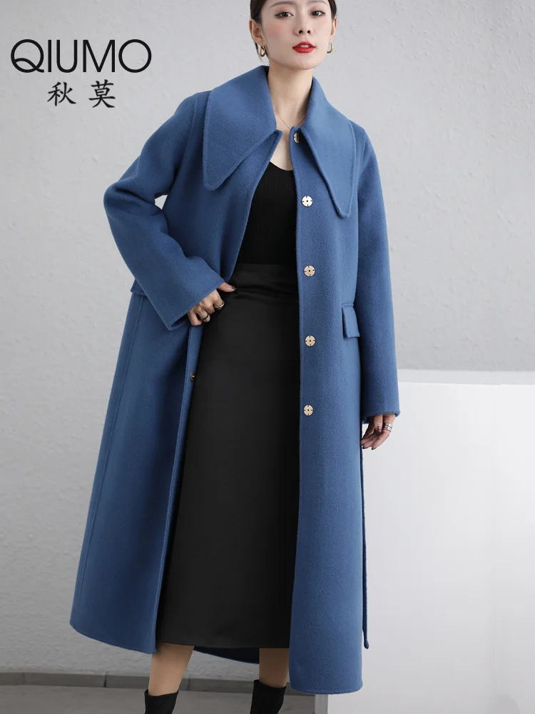 

Женское двустороннее кашемировое пальто средней длины, облегающее шерстяное пальто синего цвета для осени и зимы, 2021