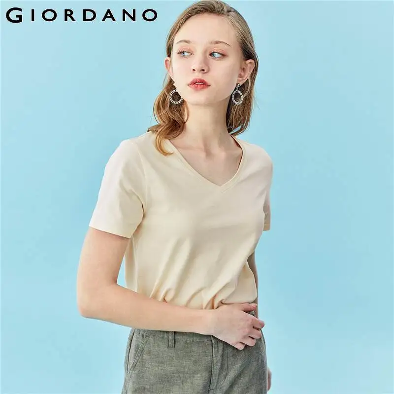 

Giordano Women Tshirts Solid V-neck Tee Shirts 100% Cotton Short Sleeves Casual Simple Versatile Camisetas Mujer 05320371