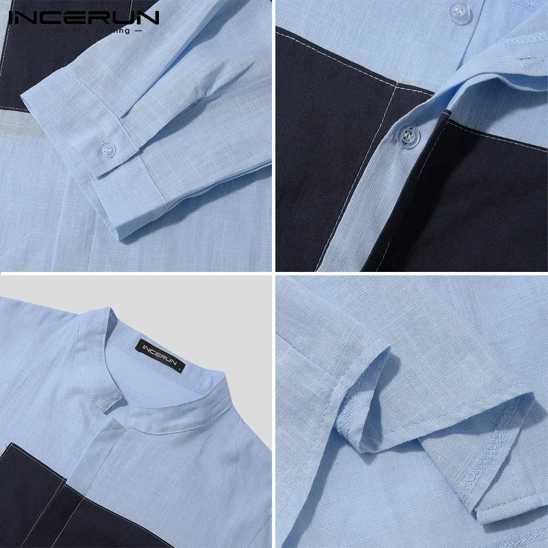 

2021 Men Patchwork Shirt Cotton Stand Collar 3/4 Sleeve Breathable Streetwear Casual Camisa Harajuku Button Men Clothing INCERUN