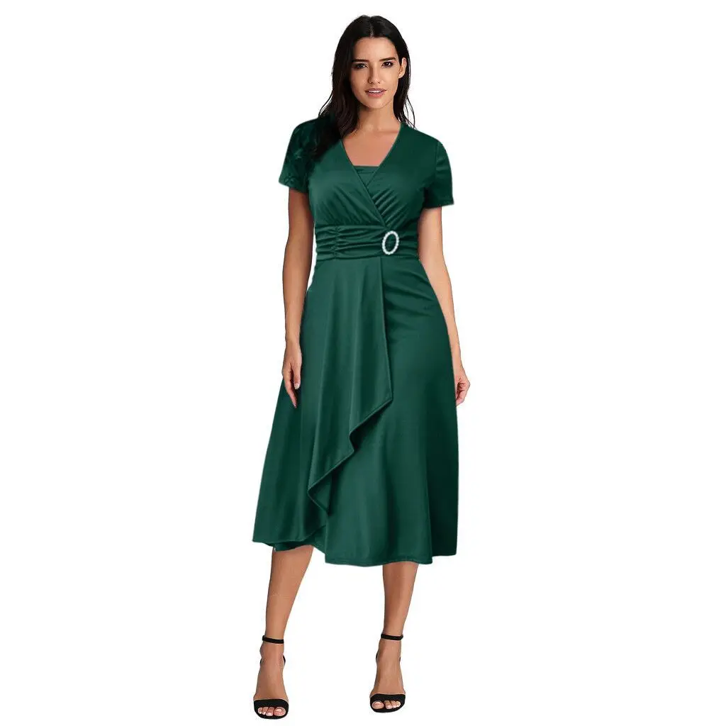 

Summer Sexy Asymmetric Swing V-Neck Women Dress Plus Size High Waist Mid Length Dress Solid Color Evening Dress Robe S-5XL