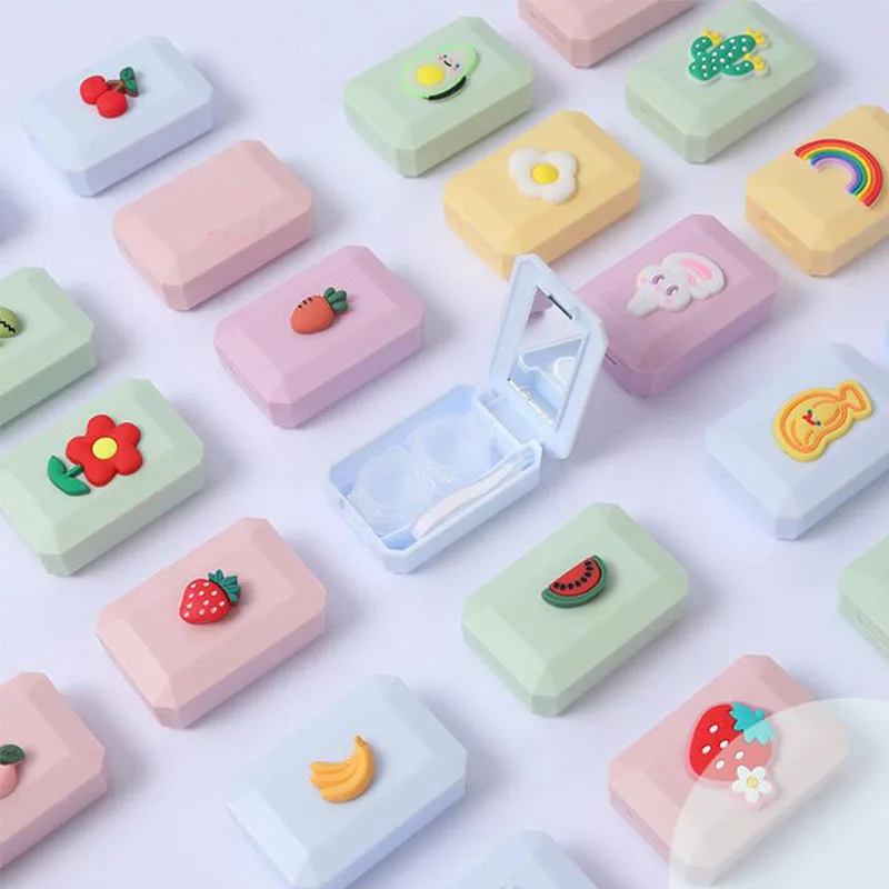 

Cartoon Contact Lens Cases with Mirror Cute Contact Lens Box Square Women Travel Contact Lenses Kit Container Case