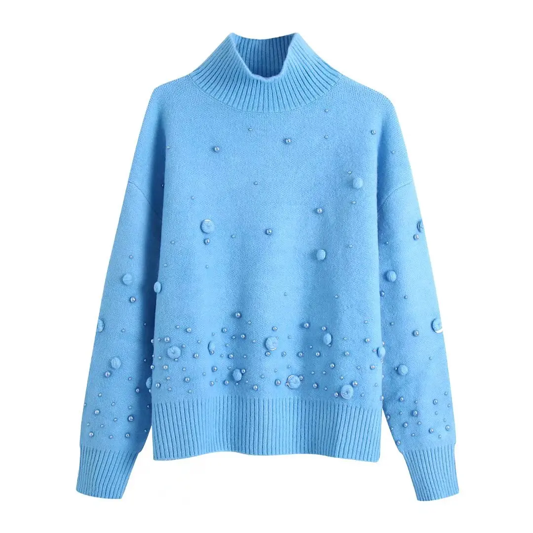 

Женский модный вязаный свитер с воротником-хомутом и аппликацией из бисера, женские шикарные пуловеры, Женские повседневные брендовые Топы