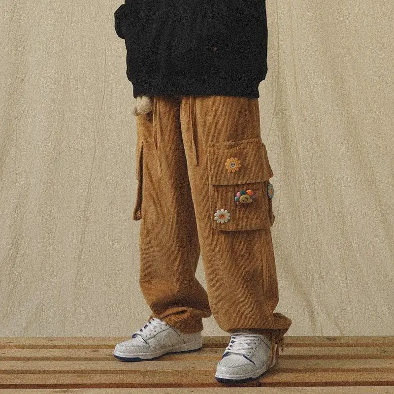 

women Japanese Streetwear Corduroy Pants Women Vintage Brown Cargo Pants Women Pockets Oversized Pants Korean Style Trousers