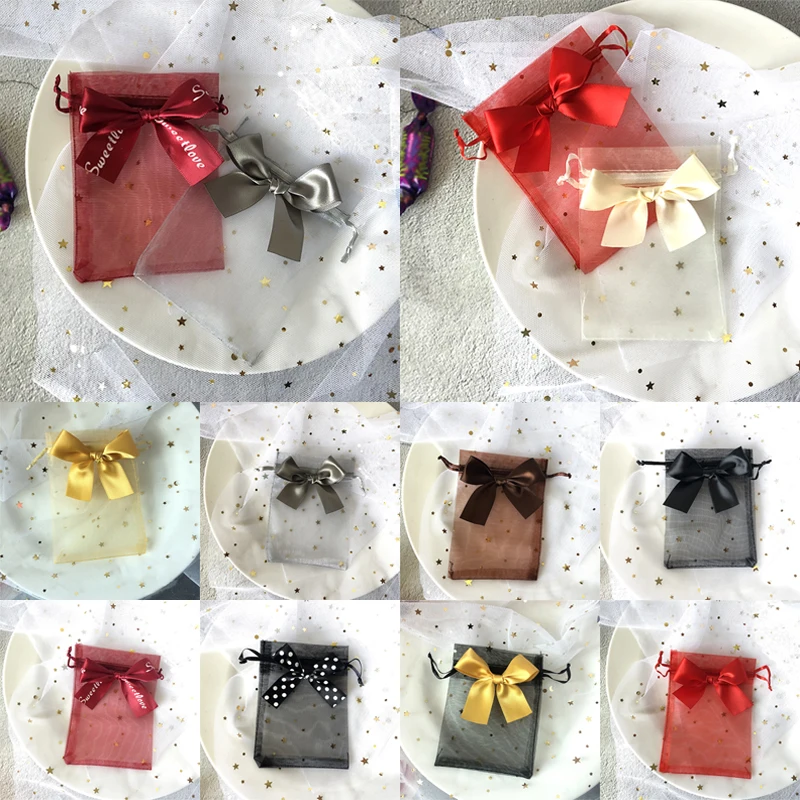 

10pcs Organza Bag Bow Yarn Pouches Drawstring Bags Christmas Favors Bags Jewelry Packaging Gift Candy Wrapping Party Pouches