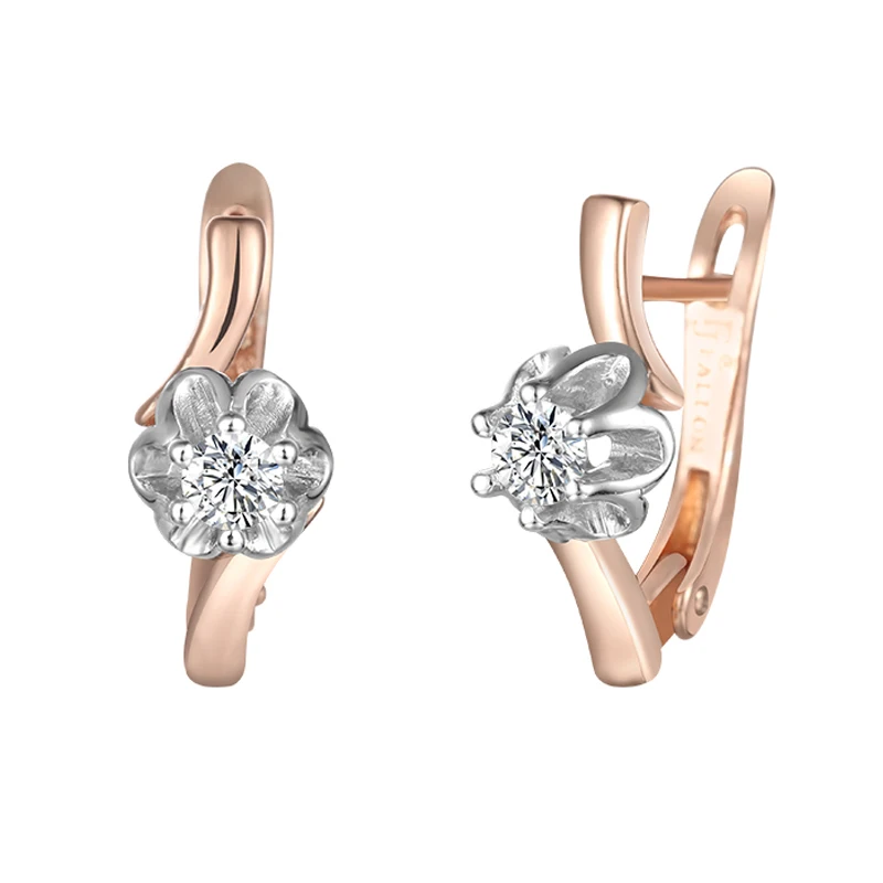 Женские серьги капли FJ из розового золота 585 пробы с белыми цветами и кубическим