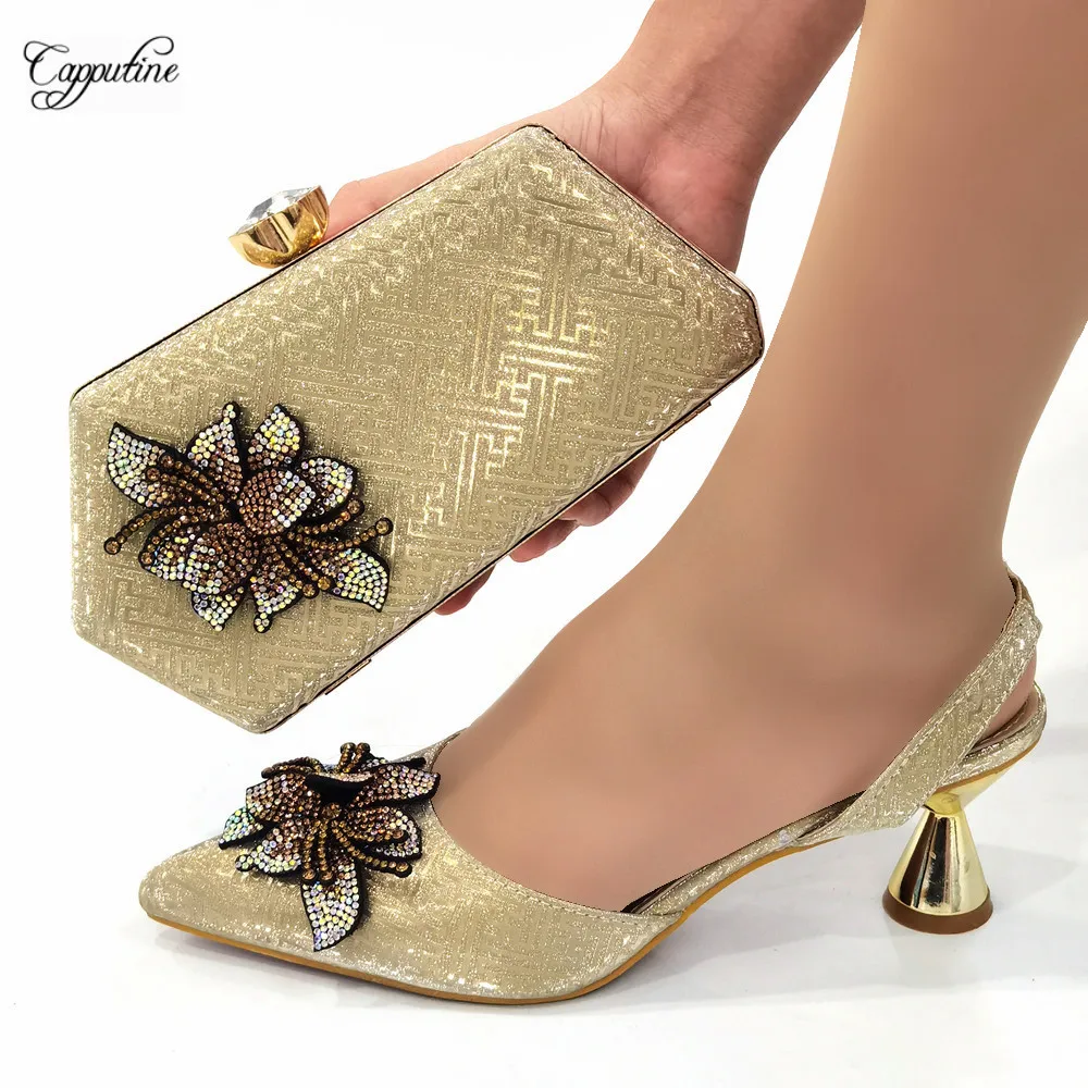 

Gold Women Shoes With Matching Clutch Handbag Set Elegant African Ladies High Heels Pumps And Hand Bag Purse Sandals CR776 6CM