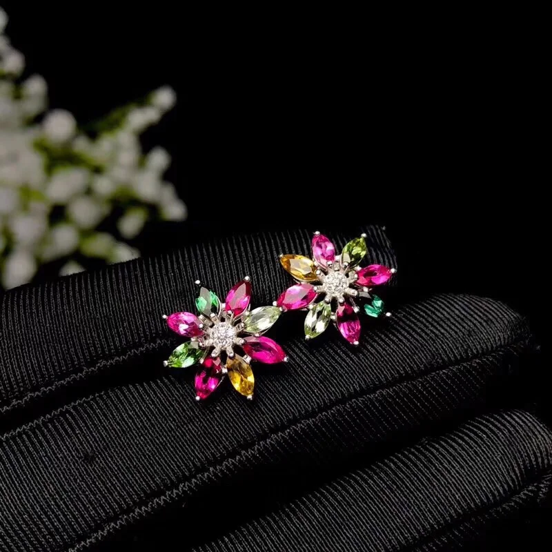 Natural Tourmaline Earring Free Shipping 925 Sterling Silver Flower Style earrings for Girl and Lady