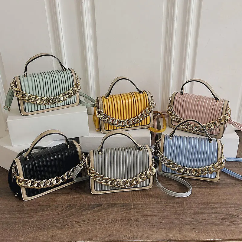 

Leather Shoulder Bags With Chain For Women New 2022 Luxury Designers Women'S Small Handbags Blue Green Pink Top Handle Bag