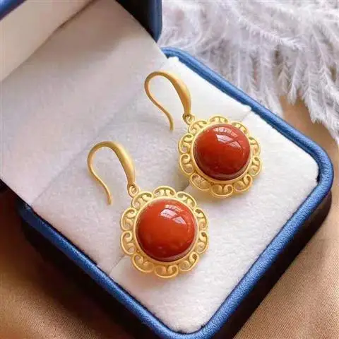 

Red Earrings Vintage South Red S925 Sterling Silver Big Earrings Ethnic Earrings Lady Temperament Court Earrings Jewelry