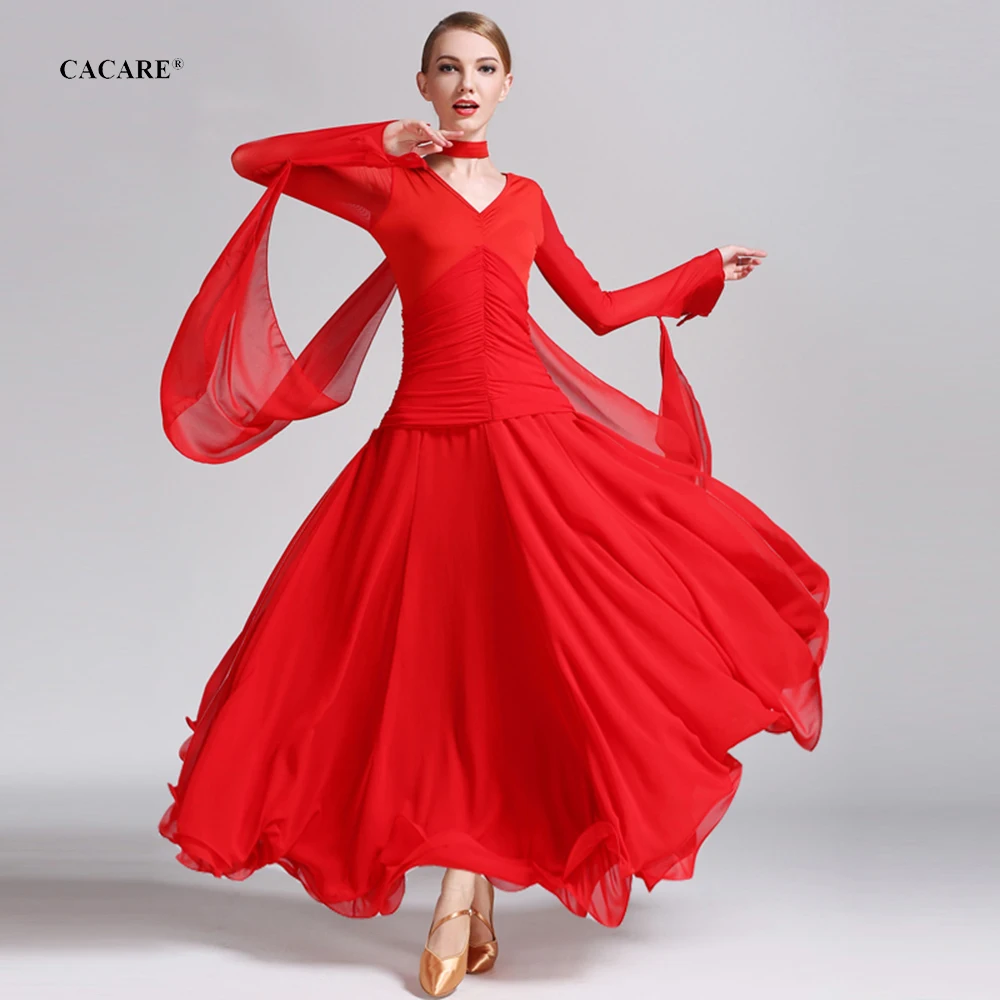 

Ballroom Dance Competition Dresses Standard Dance Dresses Ballroom Dress Waltz D0646 Long Bell Sleeve Big Sheer Hem