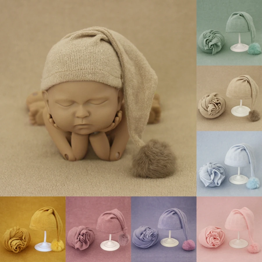 

Newborn Photography Prop Wrap Hat Set Cute Baby Stretch Wrap Knit Posing Swaddlings Photo Studio Accessories