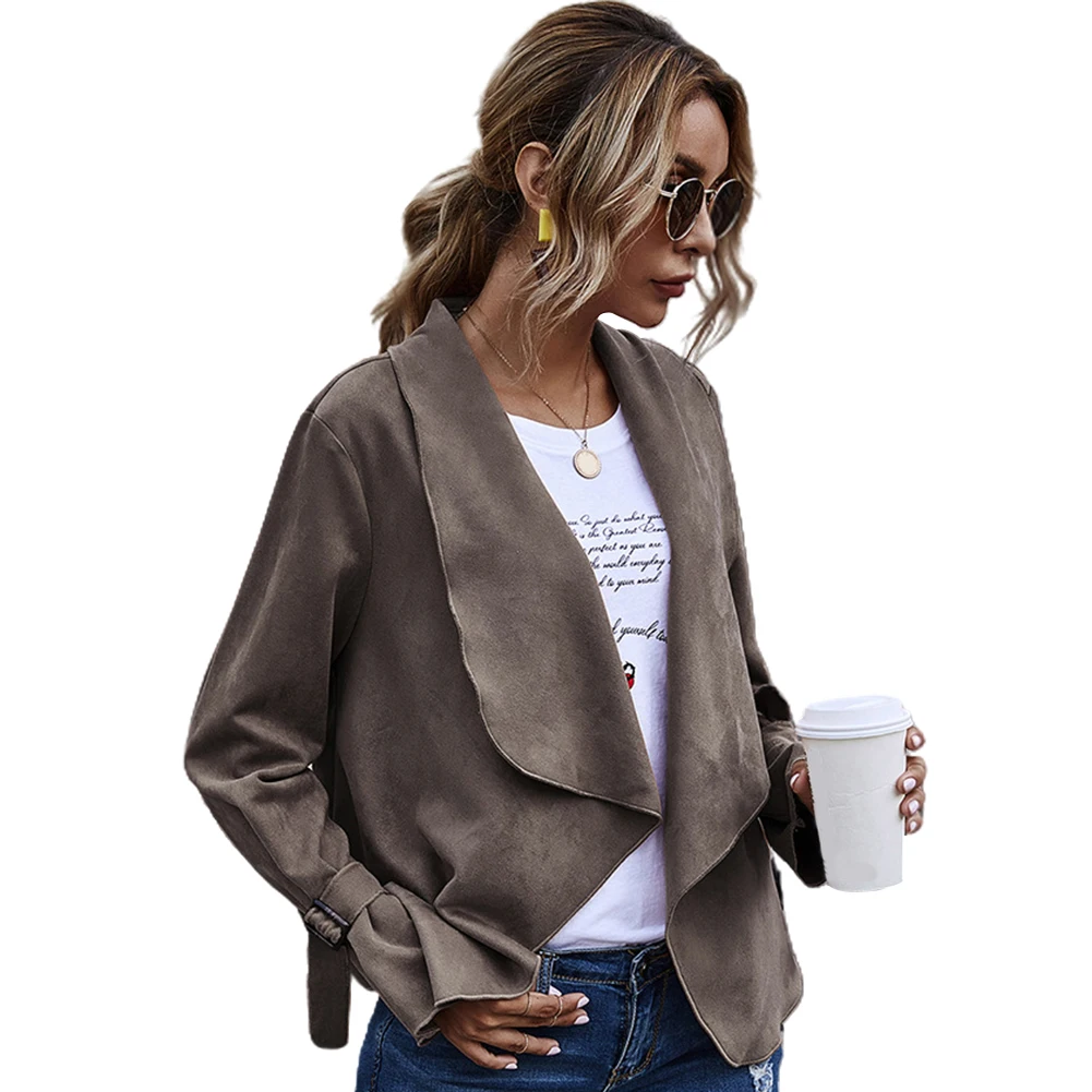 

Autumn Winter Women Short Jacket Lapel Collar Long Sleeve Solid Color Open Front Suede Coat for femal street office travel wear