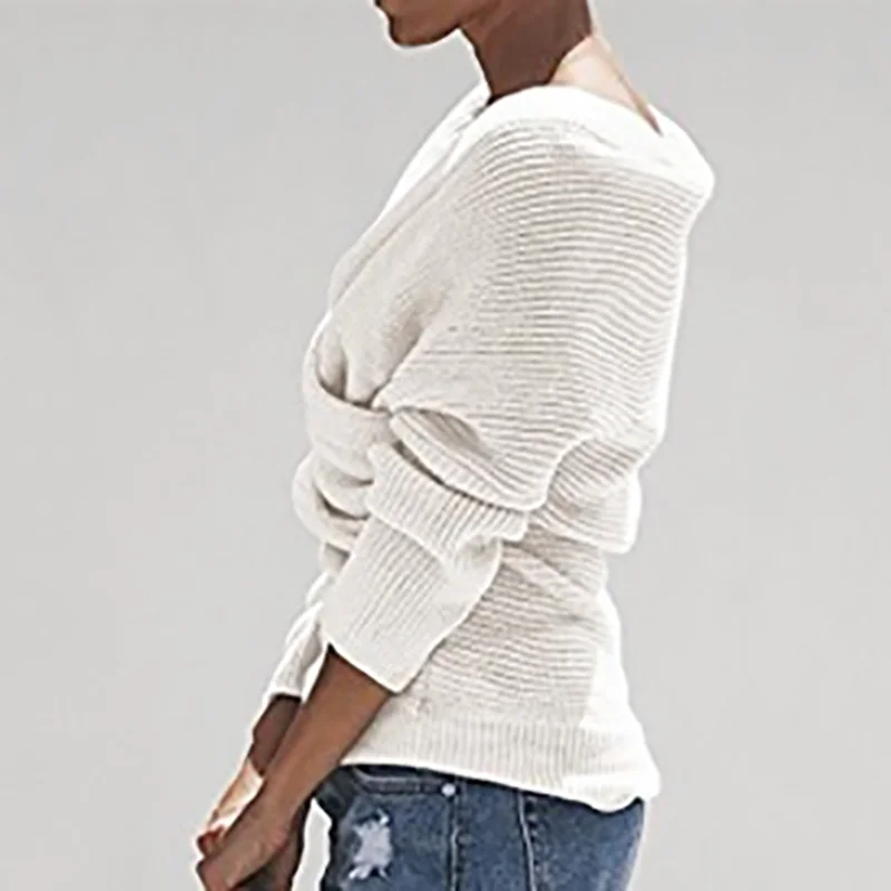 

Elegant Women Sweaters Long Sleeve Solid Color Sexy V-neck Cross Knitwear Pullover Sweater Female Plus Size Top