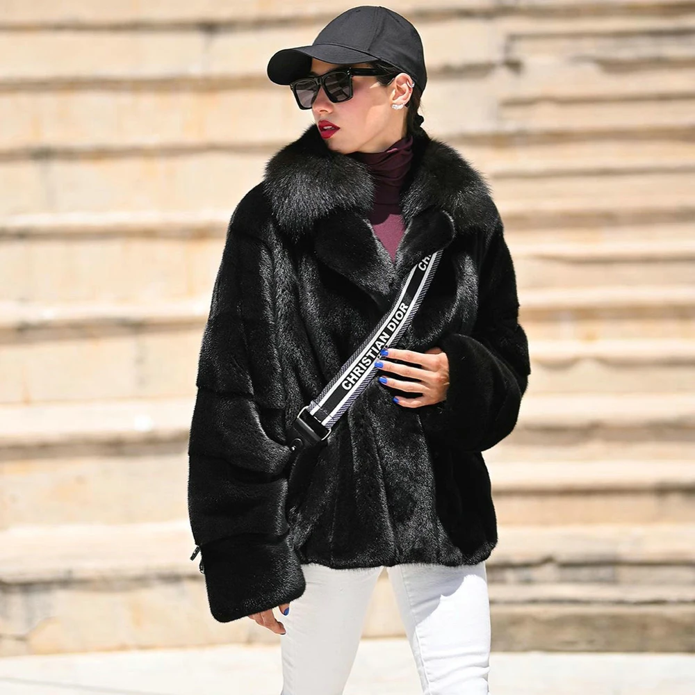 

Black Natural Mink Fur Jacket Genuine 2021new Trendy Woman Winter High Quality Real Mink Fur Coats Splicing Fox Fur Lapel Collar