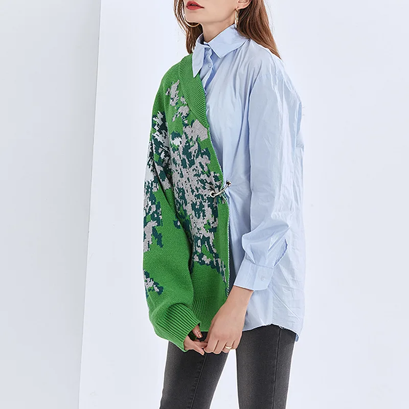 [High quality version] Brand Design Asymmetrical Women Tops Long-sleeved Knit Sweater Shirt Patchwork 2021 new Chic Clothes | Женская