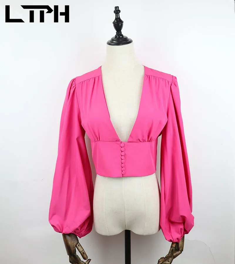 

Special sales Women Shirt Office Lady Loose Lantern sleeves Sexy deep V-neck Short Solid Casual vintage blouses tops shirts