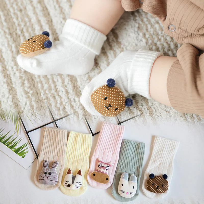 Calcetines de algod&oacute;n transpirables con doble aguja para beb&eacute; reci&eacute;n nacido, calcet&iacute;n de Oto&ntilde;o de Color s&oacute;lido, dulce mu&ntilde;eca de dibujos animados, regalo de 0 a 12 meses, 4 Uds.-0
