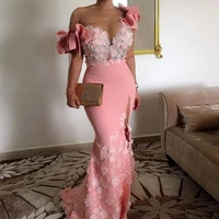 elegant floral african evening gowns long sleeves one shoulder pink mermaid arabic prom dresses dubai side slit robe de soiree
